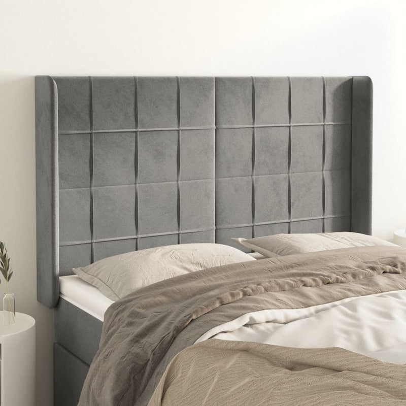 vidaXL világosszürke bársony fejtámla szárnyakkal 147x16x118/128 cm
