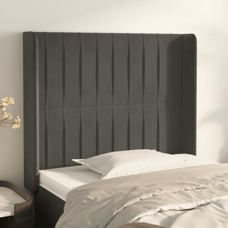 vidaXL sötétszürke bársony fejtámla szárnyakkal 103x16x118/128 cm
