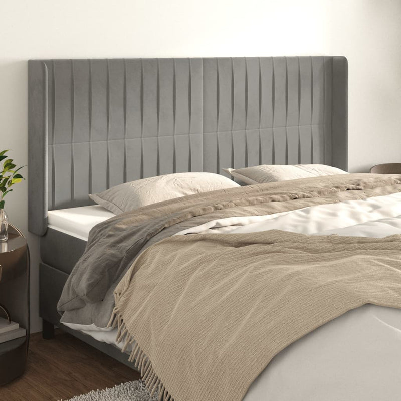 vidaXL világosszürke bársony fejtámla szárnyakkal 203x16x118/128 cm