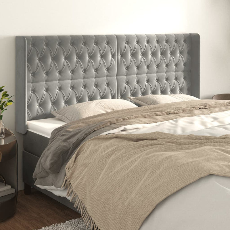 vidaXL világosszürke bársony fejtámla szárnyakkal 183x16x118/128 cm