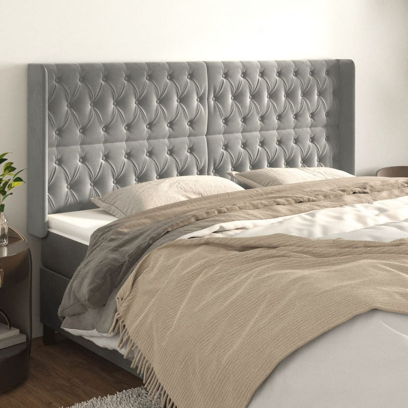 vidaXL világosszürke bársony fejtámla szárnyakkal 203x16x118/128 cm