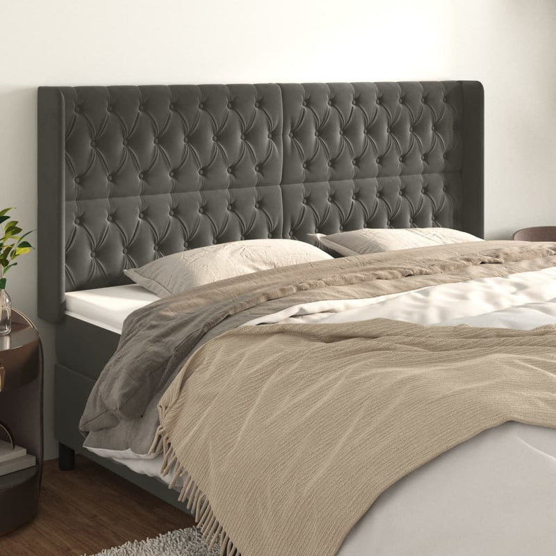 vidaXL sötétszürke bársony fejtámla szárnyakkal 203x16x118/128 cm