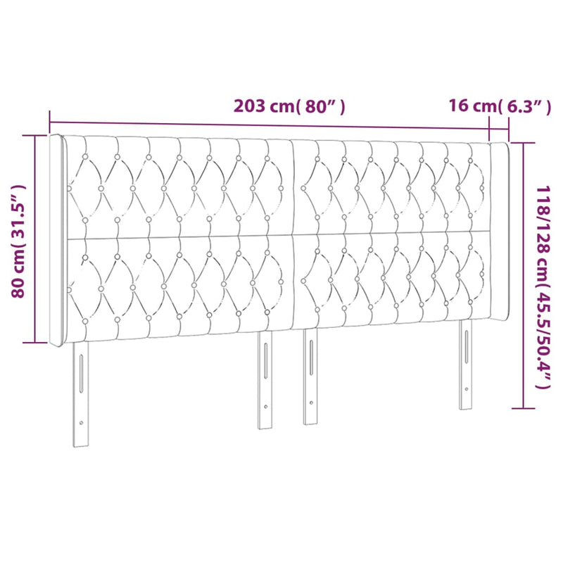 vidaXL fekete bársony fejtámla szárnyakkal 203x16x118/128 cm