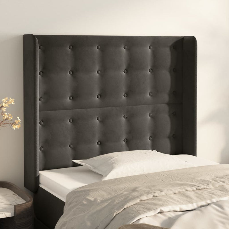 vidaXL sötétszürke bársony fejtámla szárnyakkal 83x16x118/128 cm