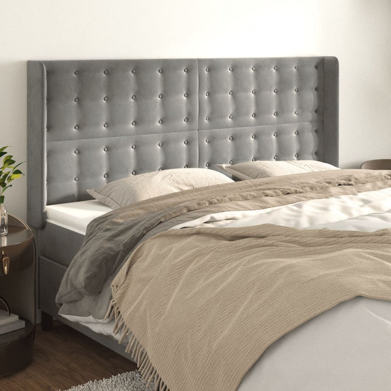 vidaXL világosszürke bársony fejtámla szárnyakkal 203x16x118/128 cm