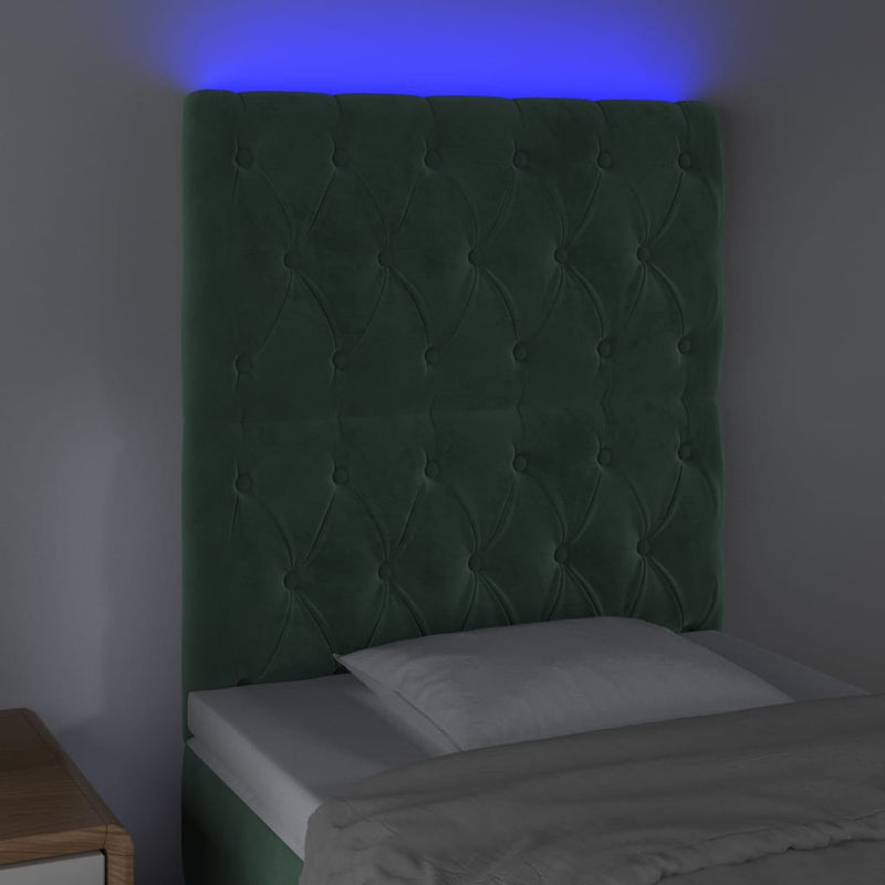 vidaXL sötétzöld bársony LED-es fejtámla 80x7x118/128 cm