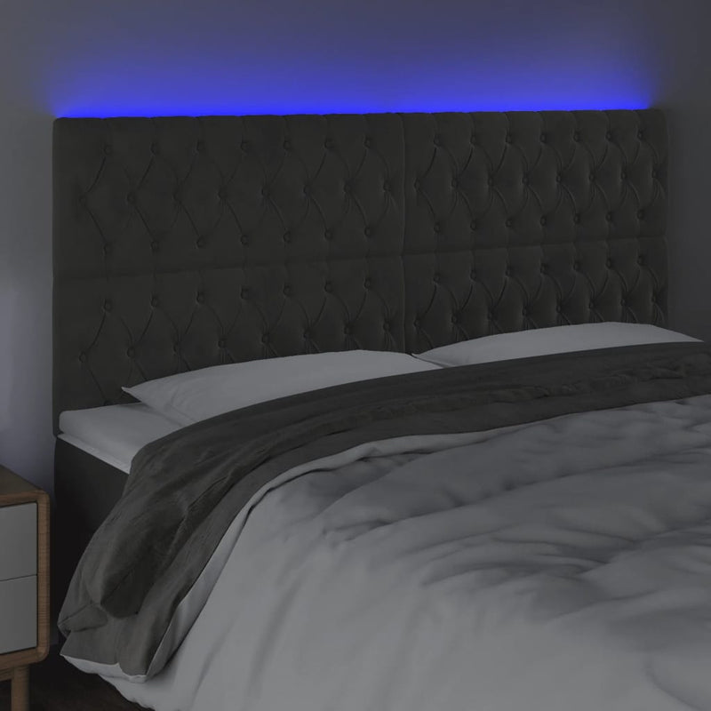 vidaXL sötétszürke bársony LED-es fejtámla 200x7x118/128 cm