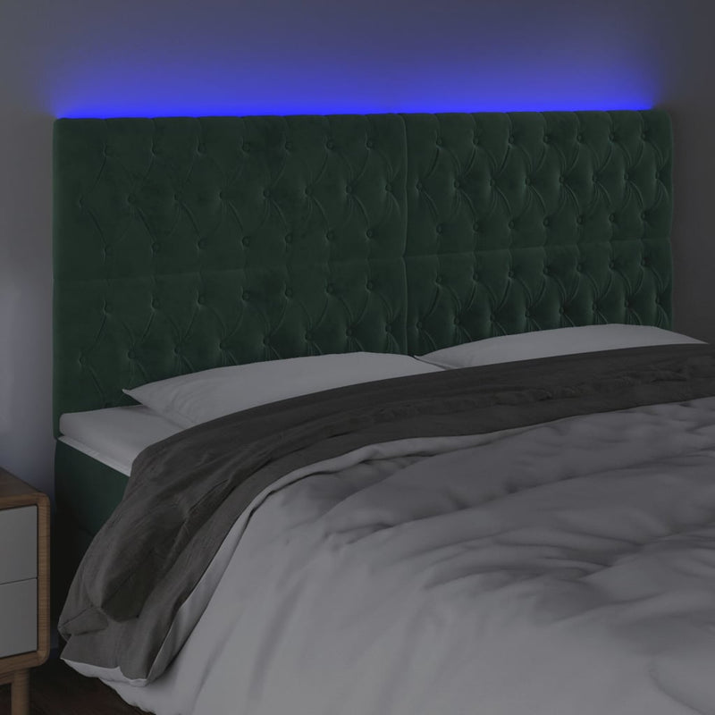 vidaXL sötétzöld bársony LED-es fejtámla 200x7x118/128 cm