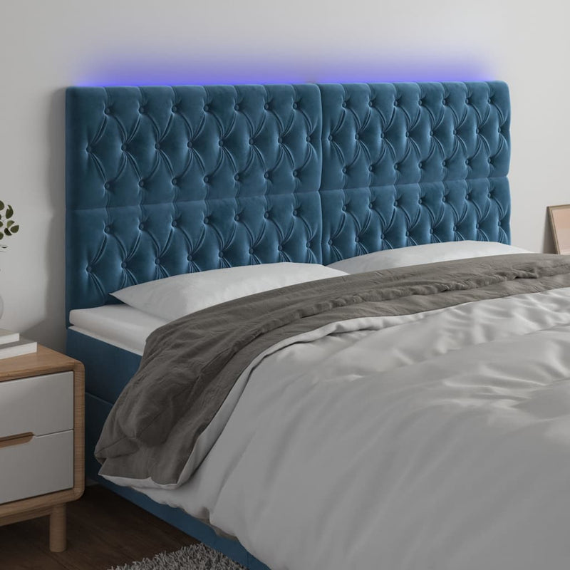 vidaXL sötétkék bársony LED-es fejtámla 200x7x118/128 cm