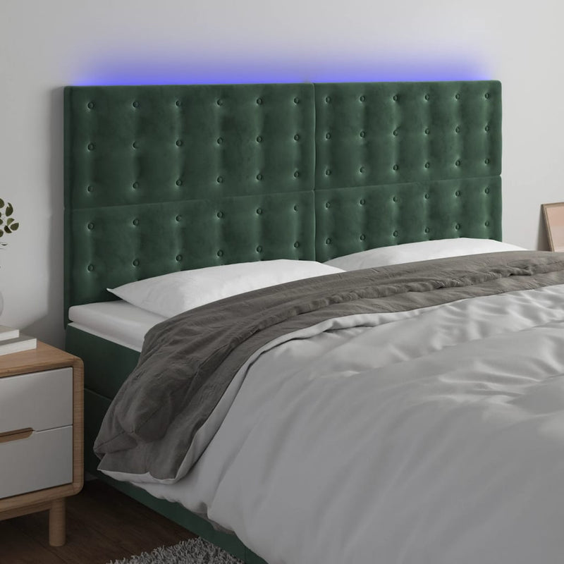 vidaXL sötétzöld bársony LED-es fejtámla 160x5x118/128 cm