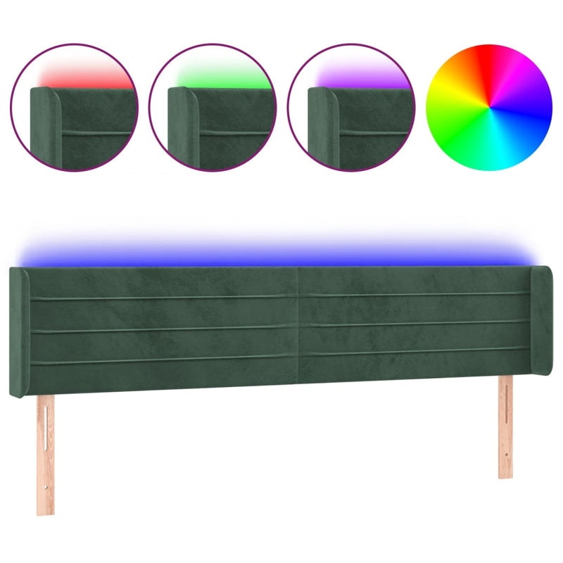 vidaXL sötétzöld bársony LED-es fejtámla 183 x 16 x 78/88 cm