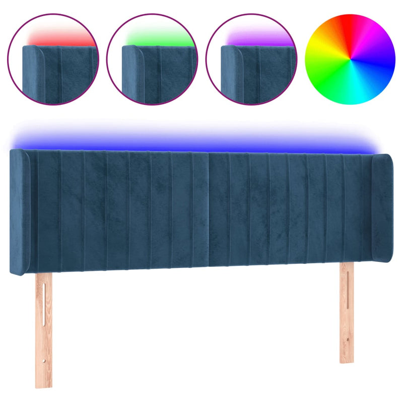 vidaXL sötétkék bársony LED-es fejtámla 147 x 16 x 78/88 cm