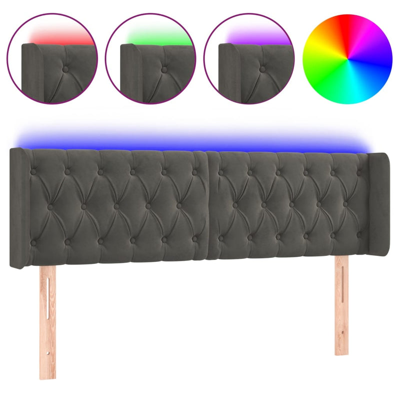 vidaXL sötétszürke bársony LED-es fejtámla 147 x 16 x 78/88 cm