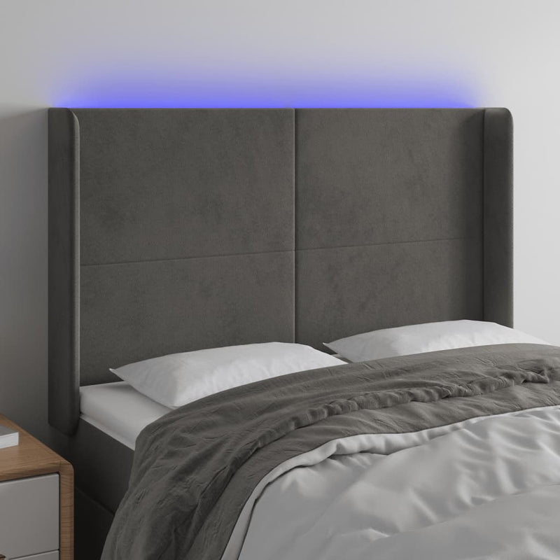 vidaXL sötétszürke bársony LED-es fejtámla 147x16x118/128 cm
