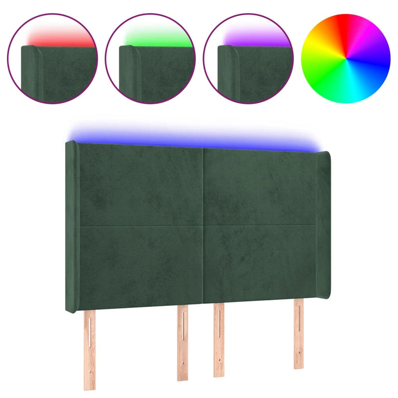 vidaXL sötétzöld bársony LED-es fejtámla 147x16x118/128 cm