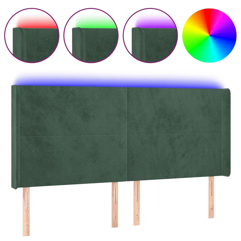 vidaXL sötétzöld bársony LED-es fejtámla 203x16x118/128 cm
