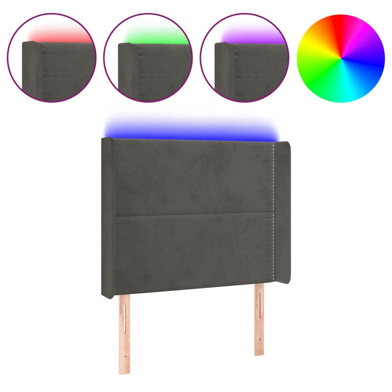 vidaXL sötétszürke bársony LED-es fejtámla 83x16x118/128 cm