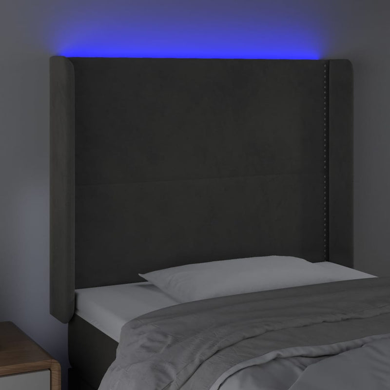 vidaXL sötétszürke bársony LED-es fejtámla 83x16x118/128 cm
