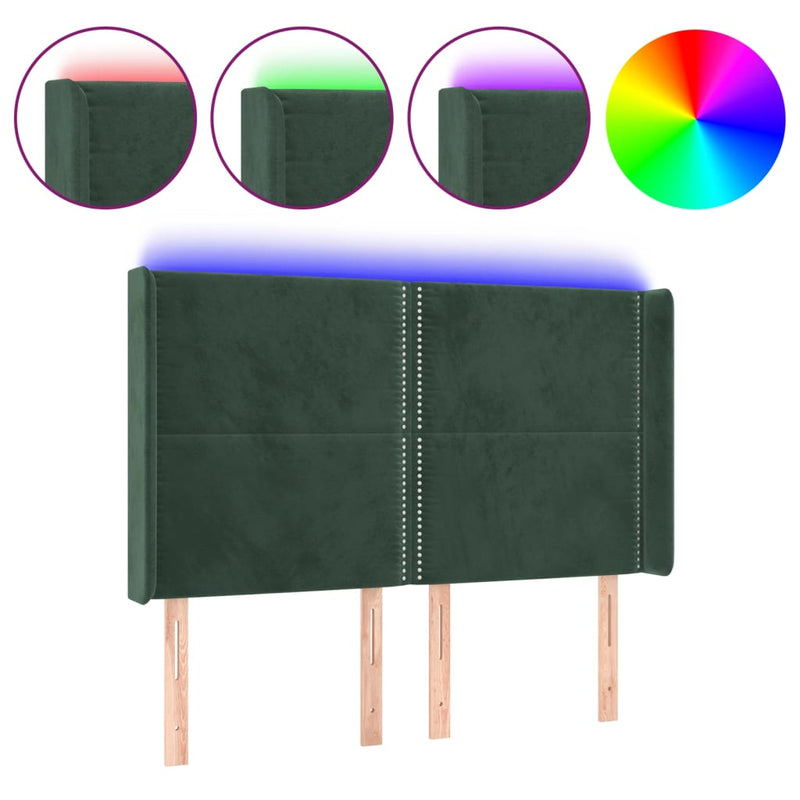 vidaXL sötétzöld bársony LED-es fejtámla 147x16x118/128 cm