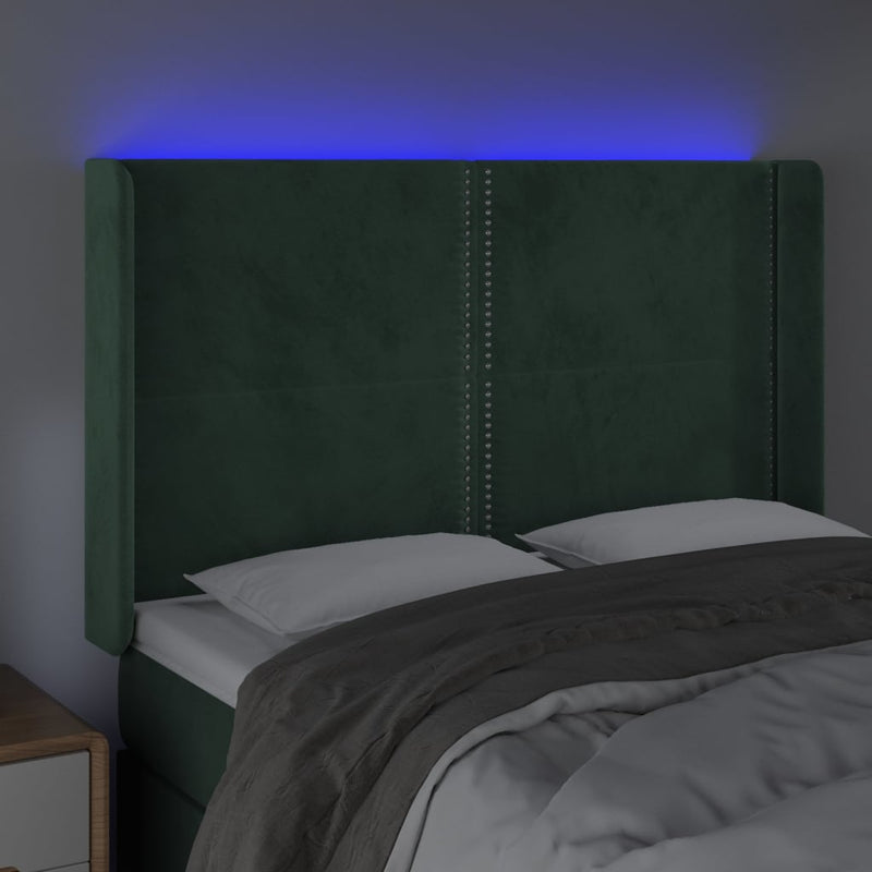 vidaXL sötétzöld bársony LED-es fejtámla 147x16x118/128 cm
