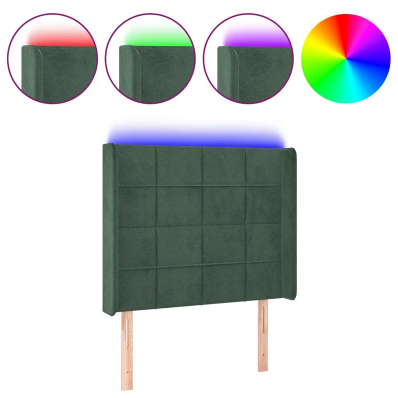 vidaXL sötétzöld bársony LED-es fejtámla 83x16x118/128 cm