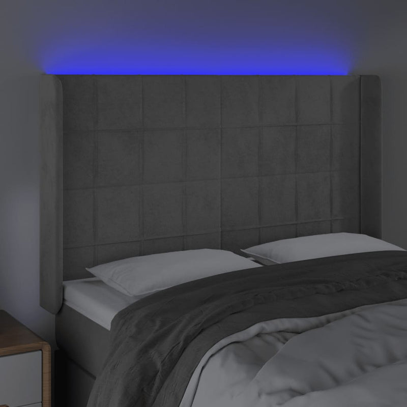 vidaXL világosszürke bársony LED-es fejtámla 147x16x118/128 cm