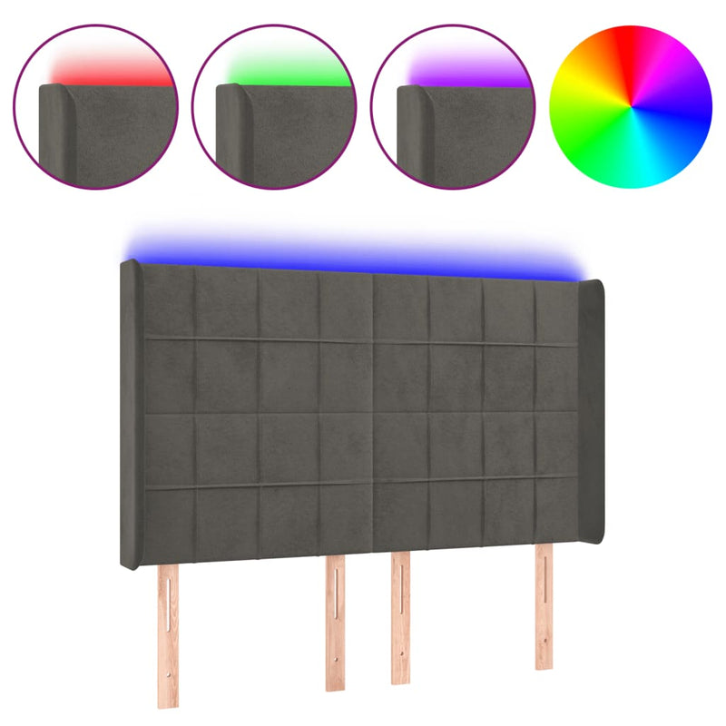 vidaXL sötétszürke bársony LED-es fejtámla 147x16x118/128 cm