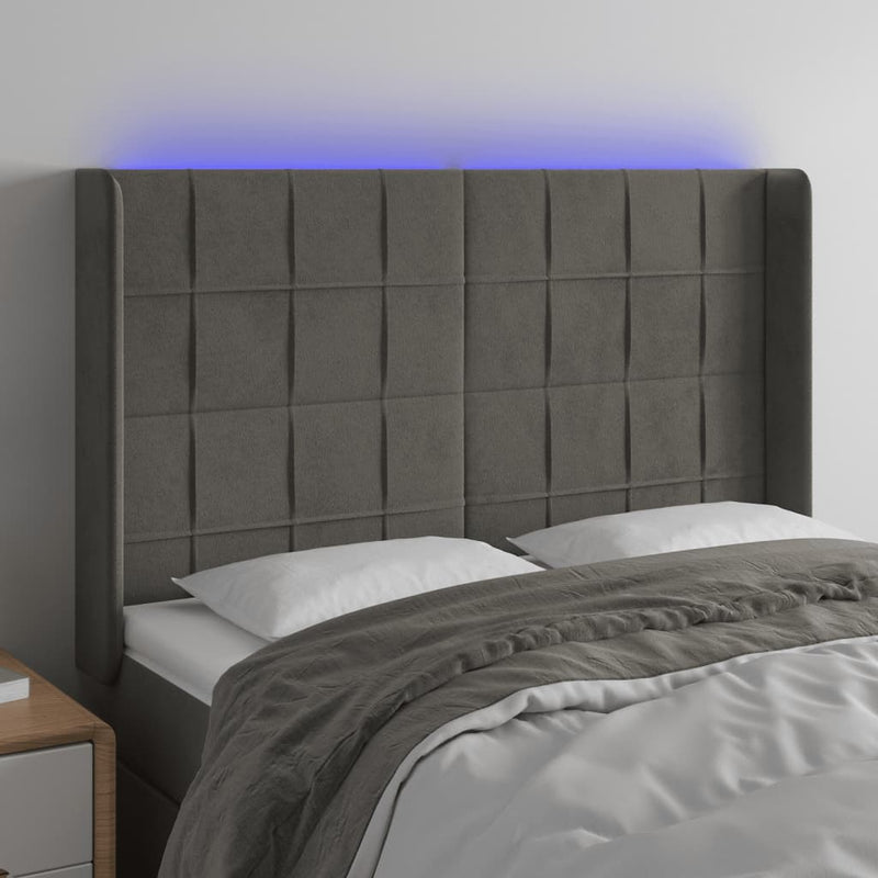 vidaXL sötétszürke bársony LED-es fejtámla 147x16x118/128 cm