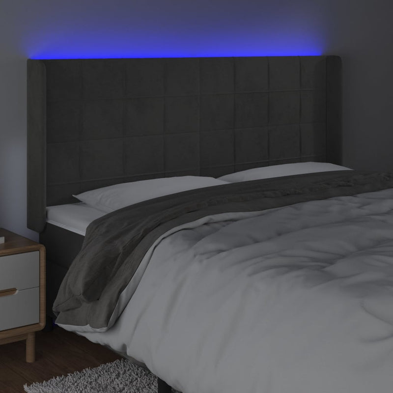 vidaXL sötétszürke bársony LED-es fejtámla 183x16x118/128 cm