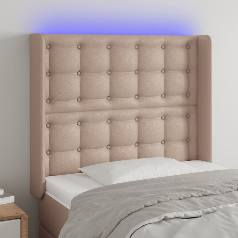 vidaXL cappuccino műbőr LED-es fejtámla 103x16x118/128 cm