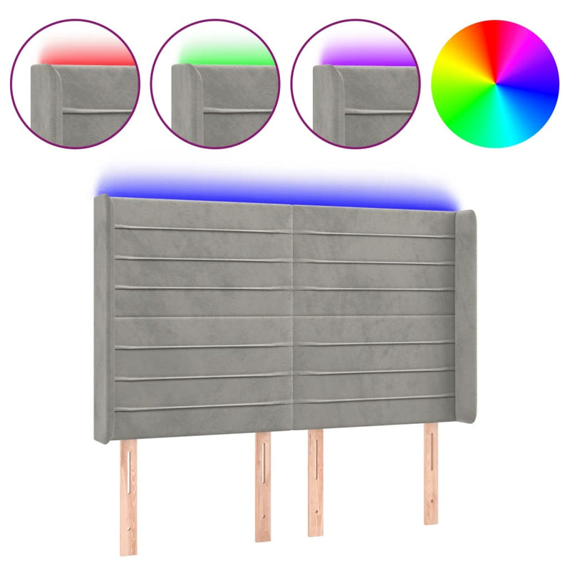 vidaXL világosszürke bársony LED-es fejtámla 147x16x118/128 cm