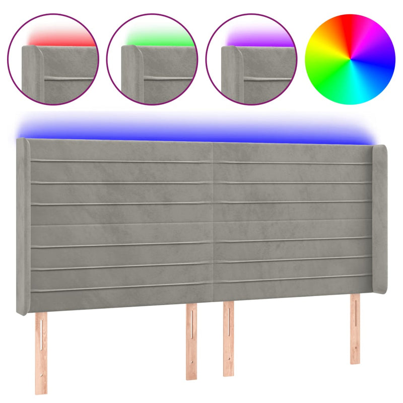 vidaXL világosszürke bársony LED-es fejtámla 163x16x118/128 cm