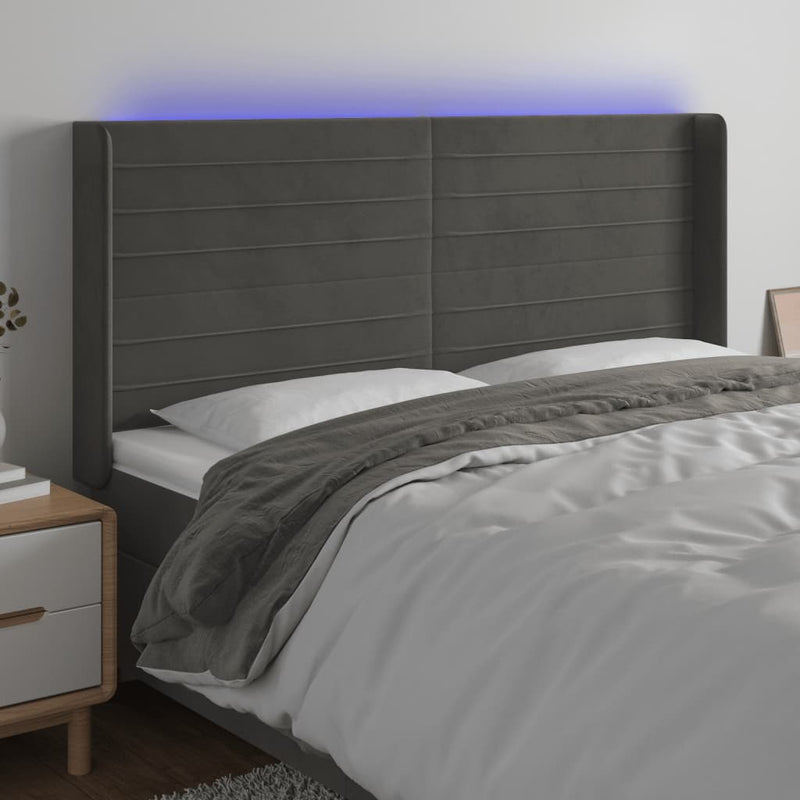 vidaXL sötétszürke bársony LED-es fejtámla 163x16x118/128 cm