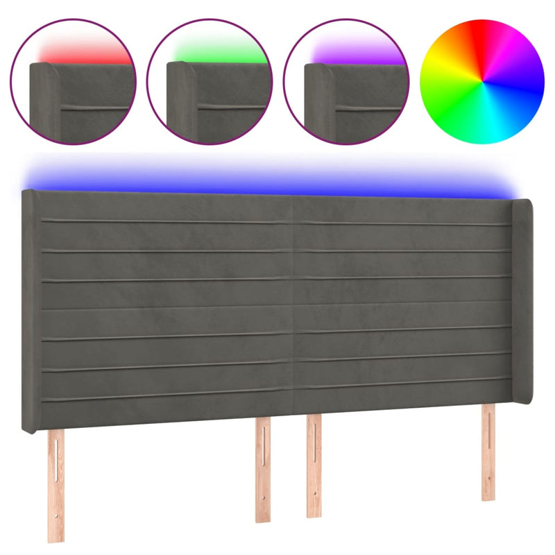 vidaXL sötétszürke bársony LED-es fejtámla 183x16x118/128 cm