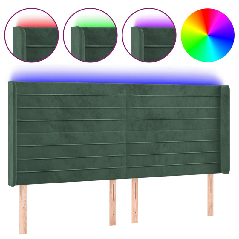 vidaXL sötétzöld bársony LED-es fejtámla 183x16x118/128 cm