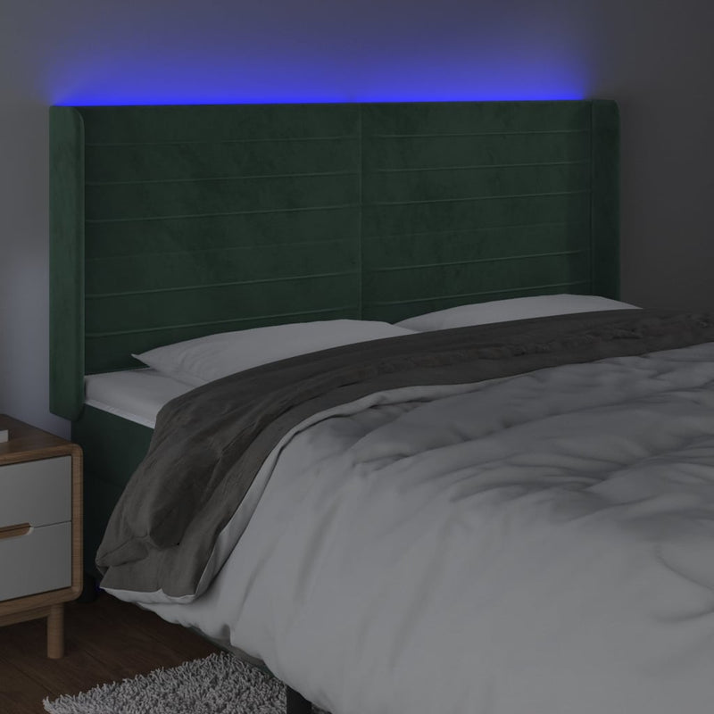 vidaXL sötétzöld bársony LED-es fejtámla 183x16x118/128 cm