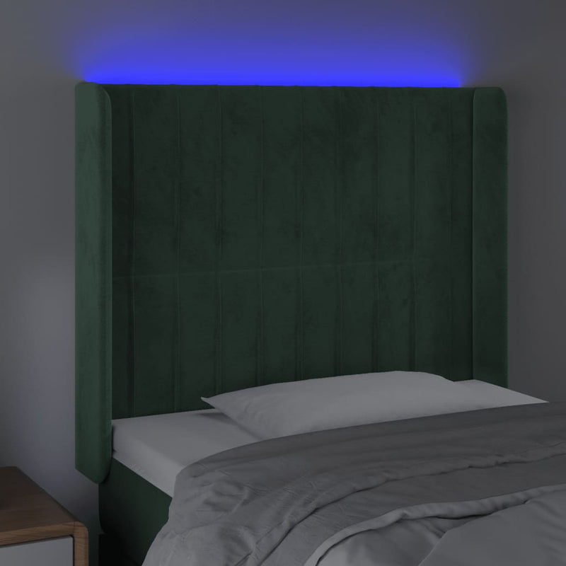 vidaXL sötétzöld bársony LED-es fejtámla 93x16x118/128 cm