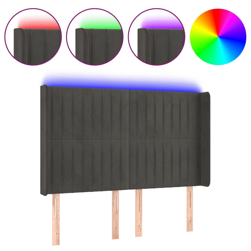 vidaXL sötétszürke bársony LED-es fejtámla 147x16x118/128 cm