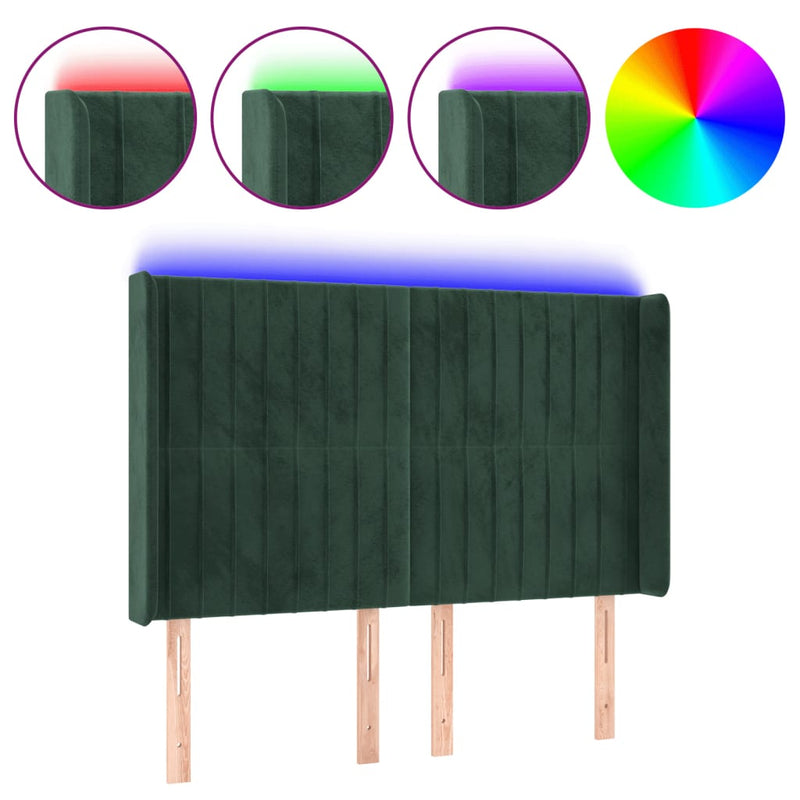 vidaXL sötétzöld bársony LED-es fejtámla 147x16x118/128 cm