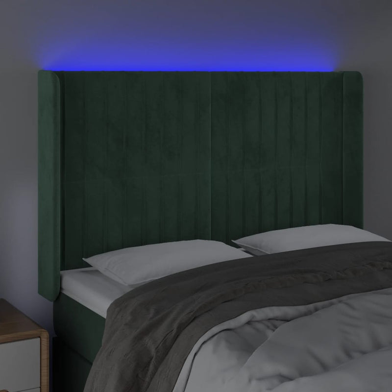 vidaXL sötétzöld bársony LED-es fejtámla 147x16x118/128 cm
