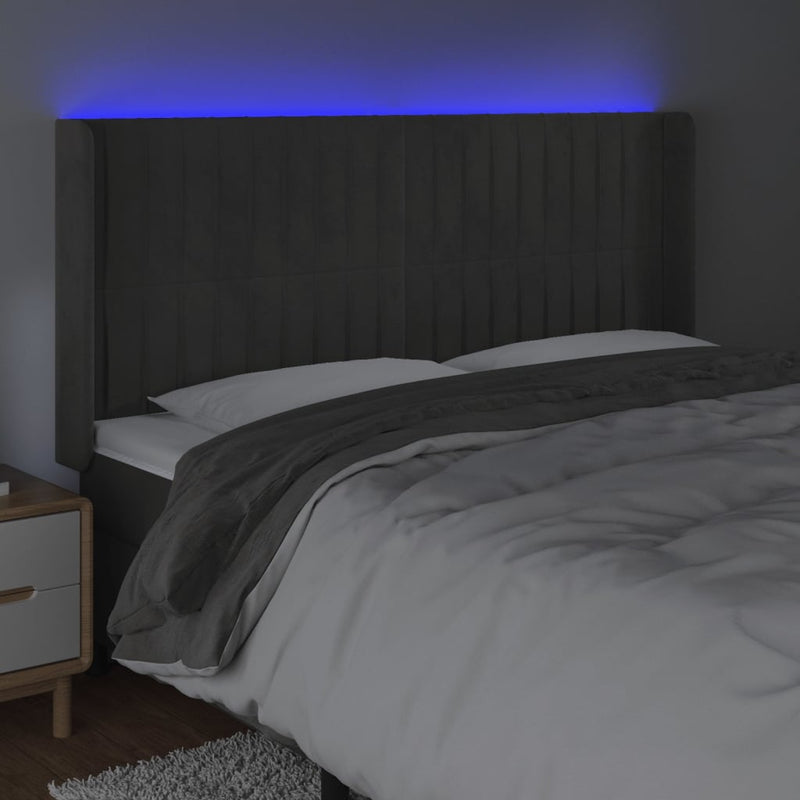 vidaXL sötétszürke bársony LED-es fejtámla 203x16x118/128 cm