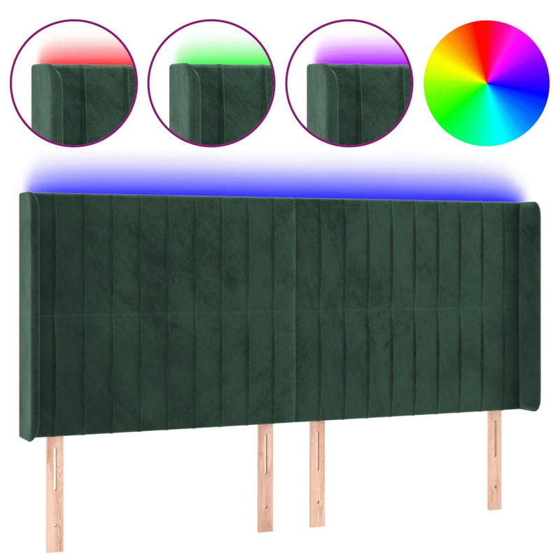 vidaXL sötétzöld bársony LED-es fejtámla 203x16x118/128 cm