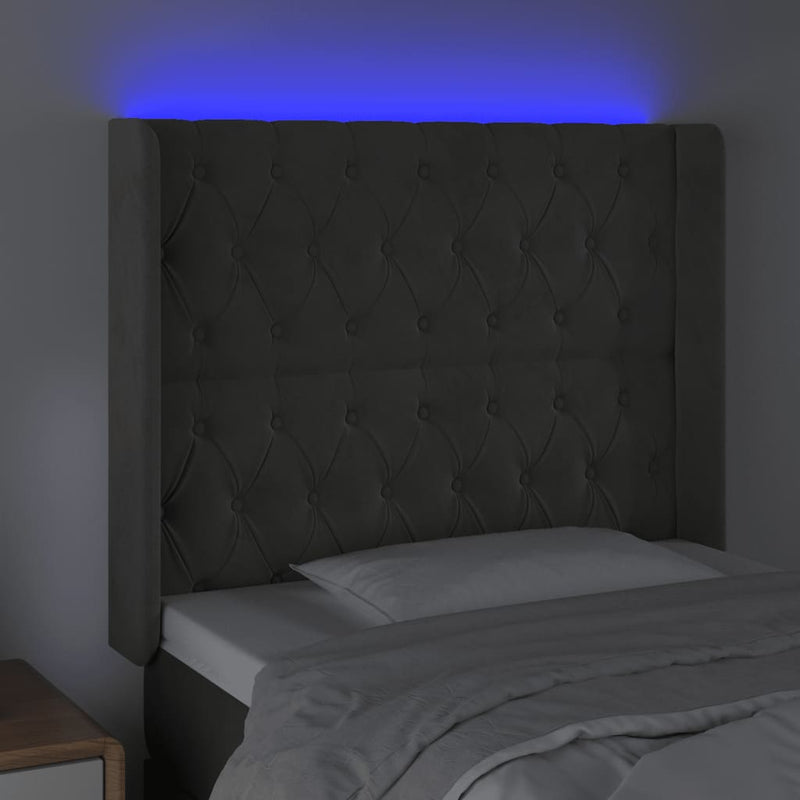 vidaXL sötétszürke bársony LED-es fejtámla 93x16x118/128 cm
