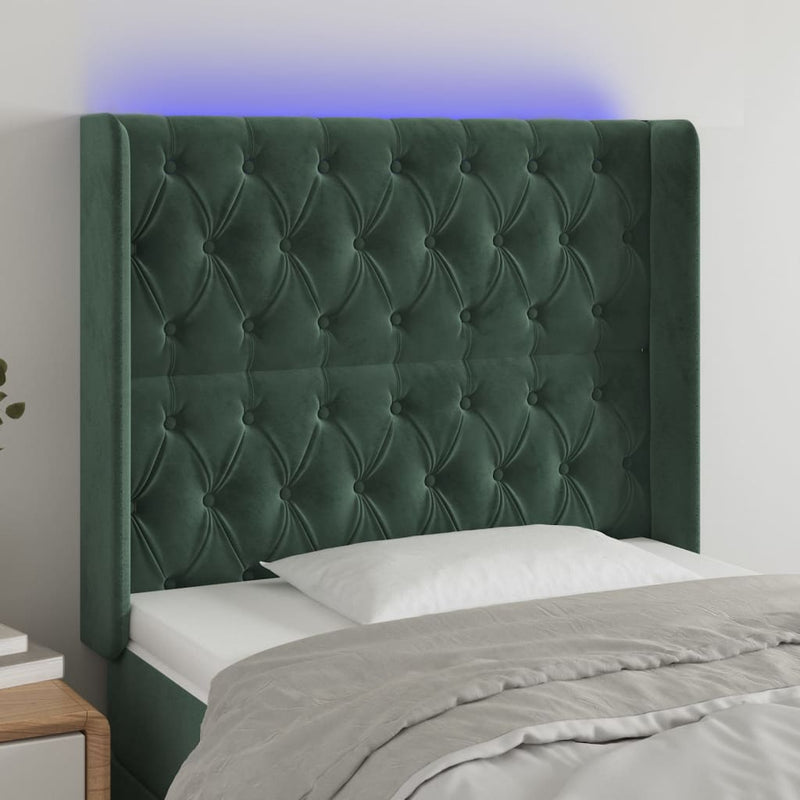 vidaXL sötétzöld bársony LED-es fejtámla 93x16x118/128 cm