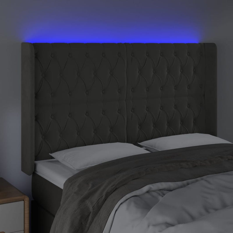 vidaXL sötétszürke bársony LED-es fejtámla 147x16x118/128 cm