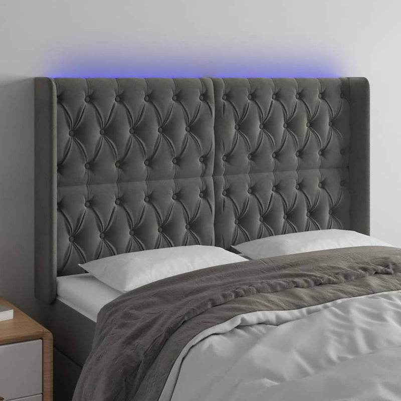 vidaXL sötétszürke bársony LED-es fejtámla 147x16x118/128 cm