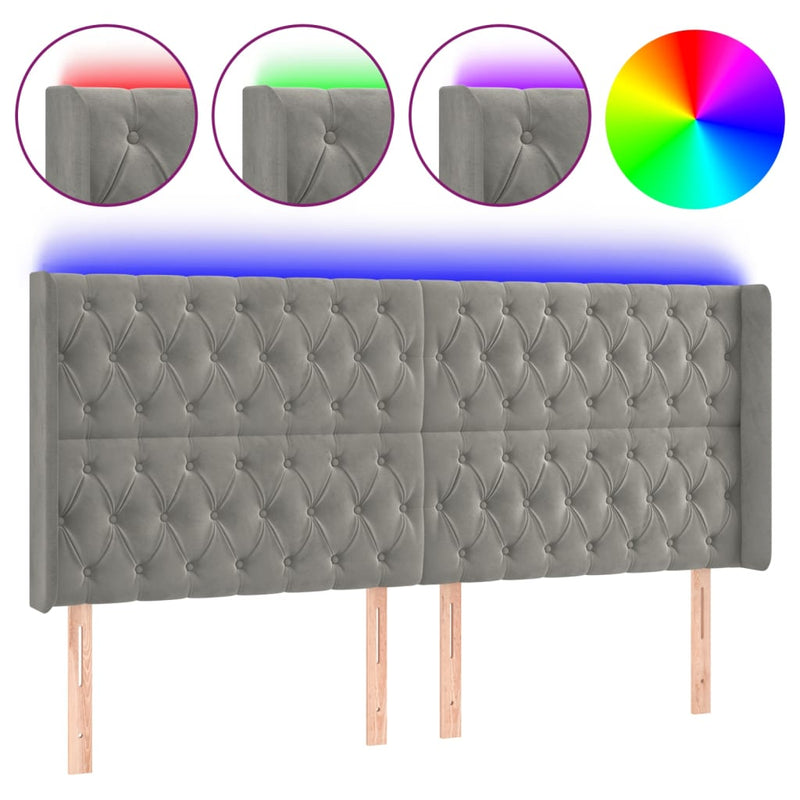 vidaXL világosszürke bársony LED-es fejtámla 183x16x118/128 cm