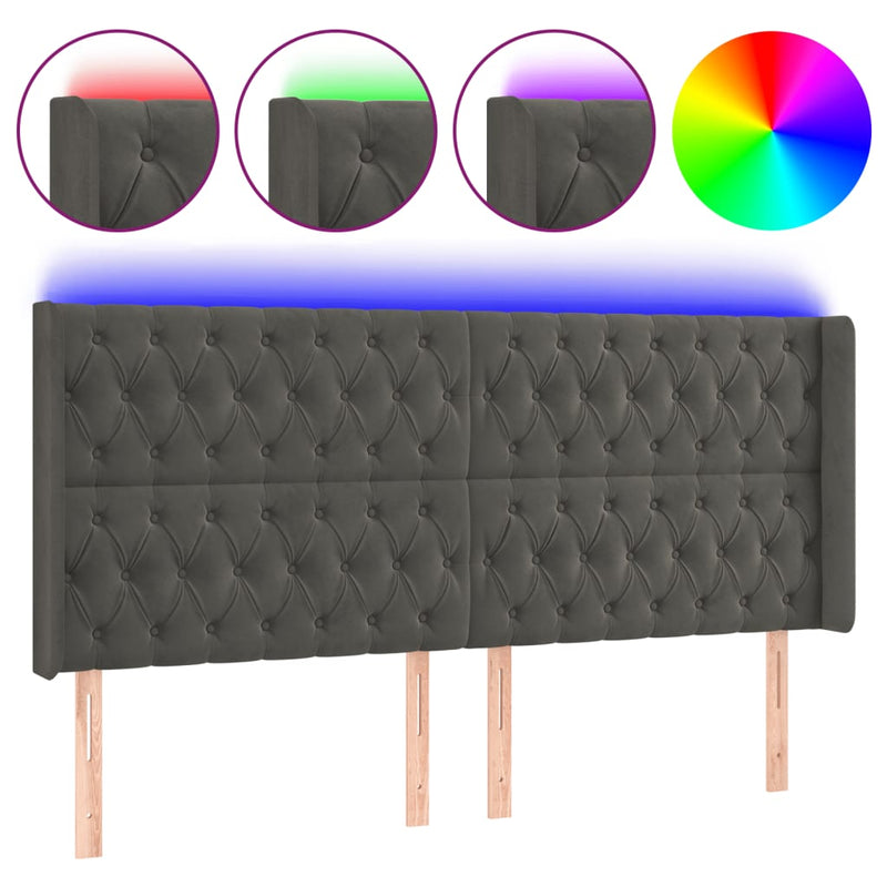 vidaXL sötétszürke bársony LED-es fejtámla 203x16x118/128 cm