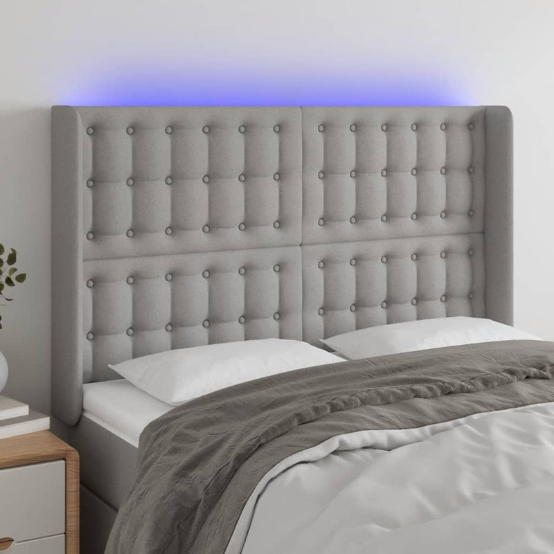 vidaXL világosszürke szövet LED-es fejtámla 147x16x118/128 cm