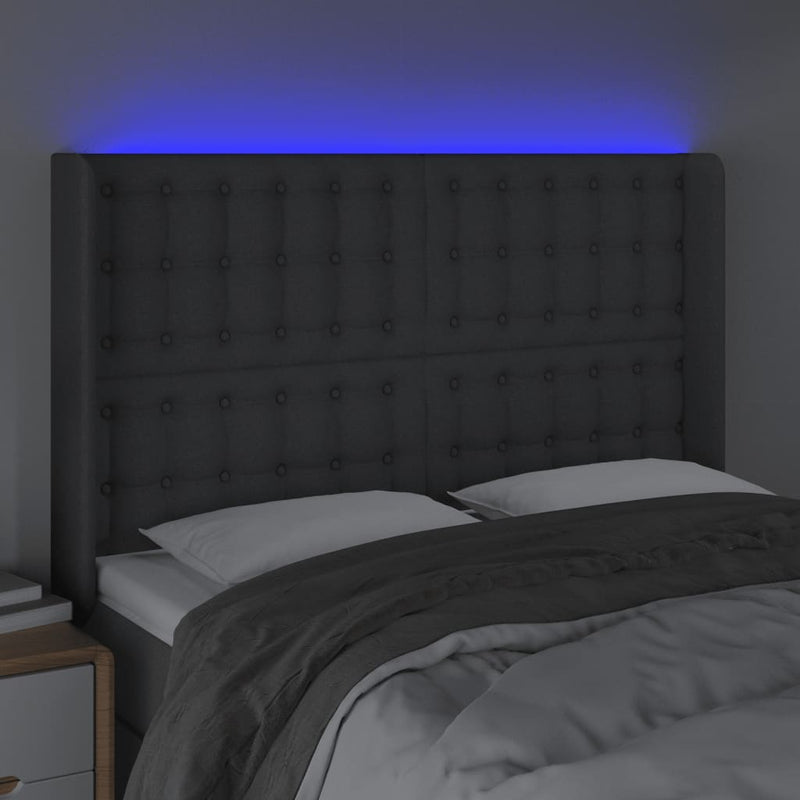 vidaXL sötétszürke szövet LED-es fejtámla 147x16x118/128 cm